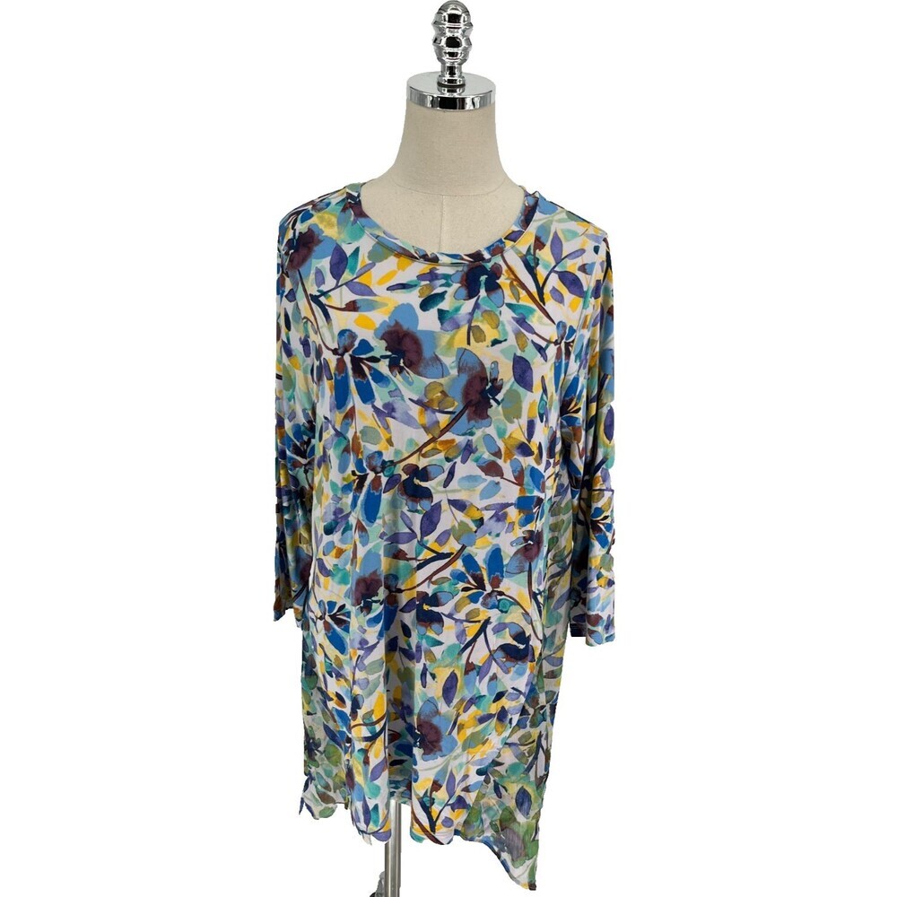 LOGO Lori Goldstein Tunic Top Women's Size Medium Floral Mixed Media Lagenlook